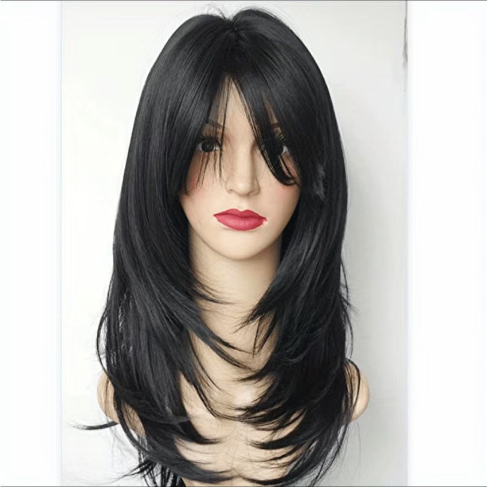 Women’s Medium length layered middle part bangs wig in black